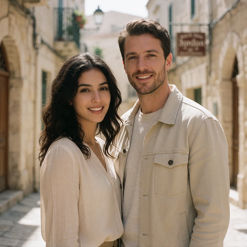 Jordanian woman with dark wavy hair and a Western man in a light jacket standing together on a sunlit limestone street