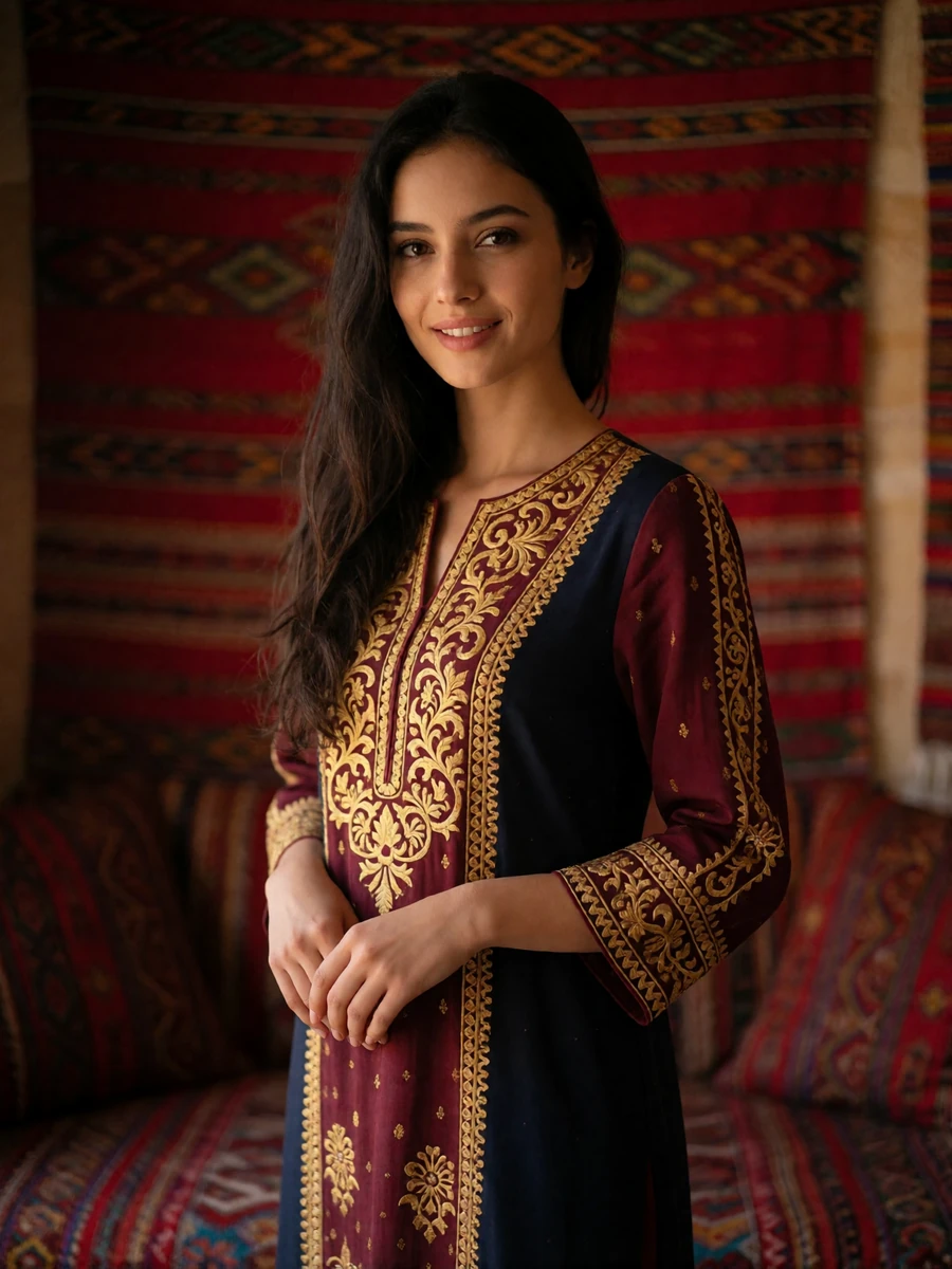 Elegant Turkmen woman in a burgundy and gold embroidered dress standing in a warmly lit interior with woven red textiles behind her