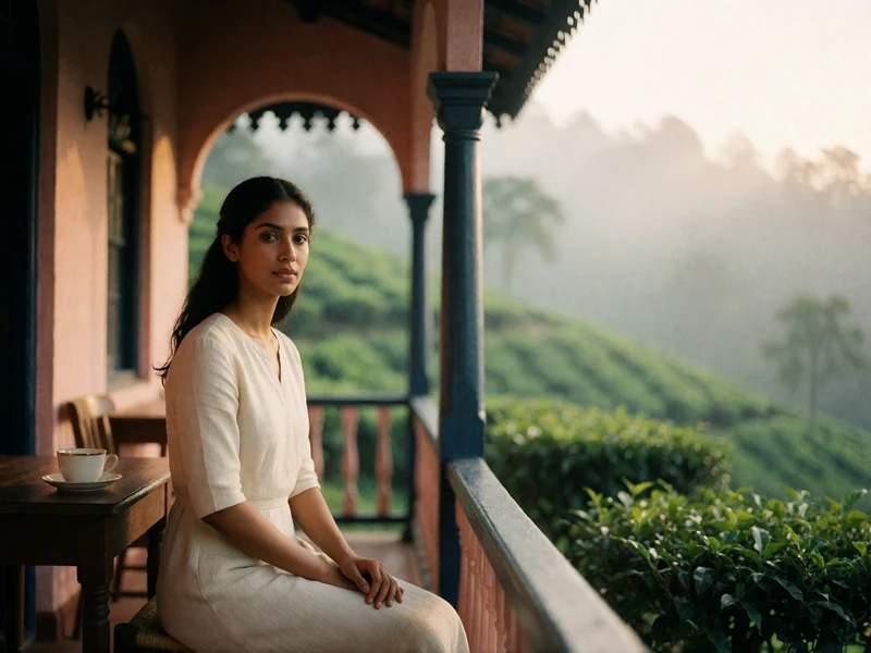 Sri Lankan woman in an ivory dress seated on a colonial veranda overlooking tea-country hills