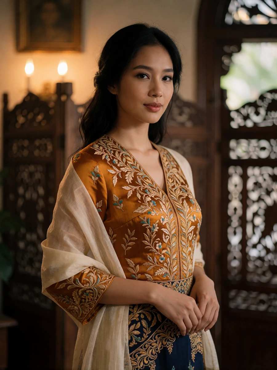 Malaysian woman in a richly embroidered amber-gold traditional dress standing in a warmly lit heritage interior
