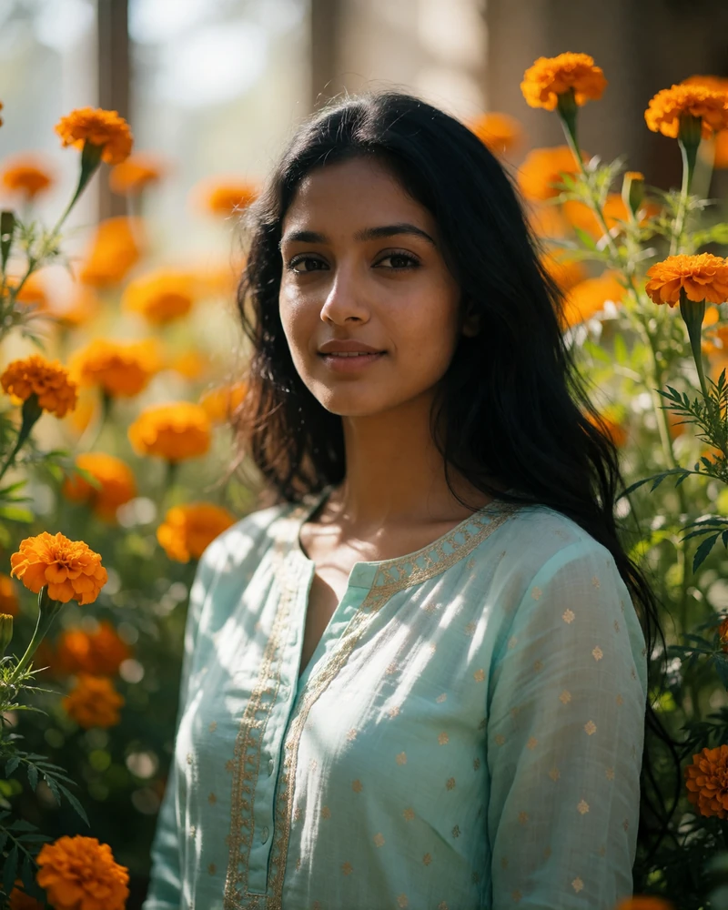 Indian woman in a pale turquoise kurta smiling in a sunlit garden with marigold blooms