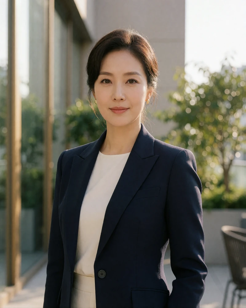 Professional Korean woman in her thirties with neatly styled hair, wearing a tailored navy blazer on a modern building terrace