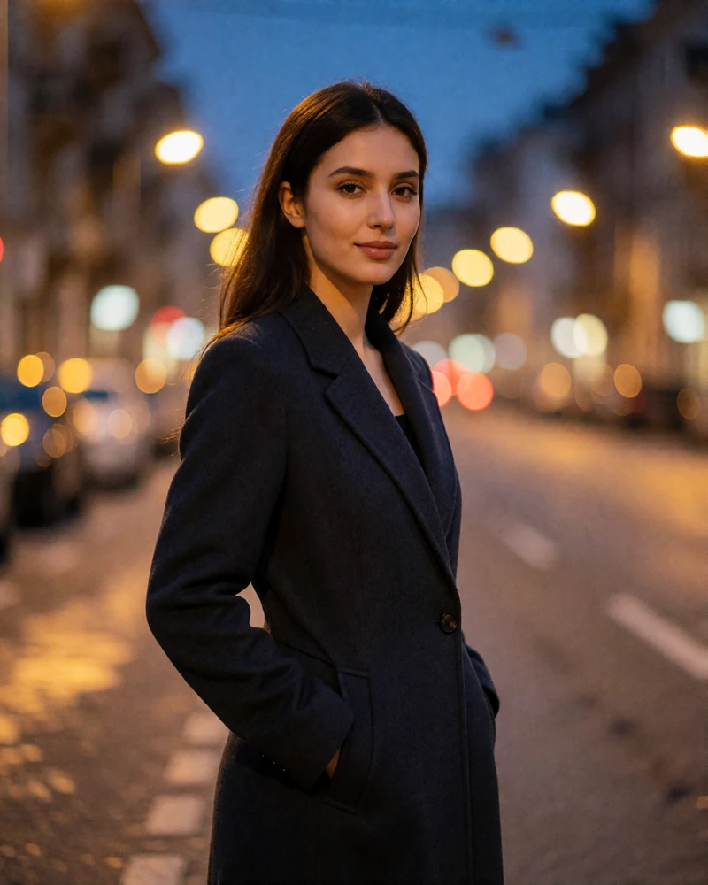 Turkmen woman in a tailored charcoal coat standing on a quiet city street at dusk with warm streetlight bokeh behind her