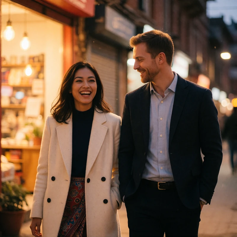 Nepalese woman in an elegant coat laughing beside a Western man in a dark blazer while walking through an evening street