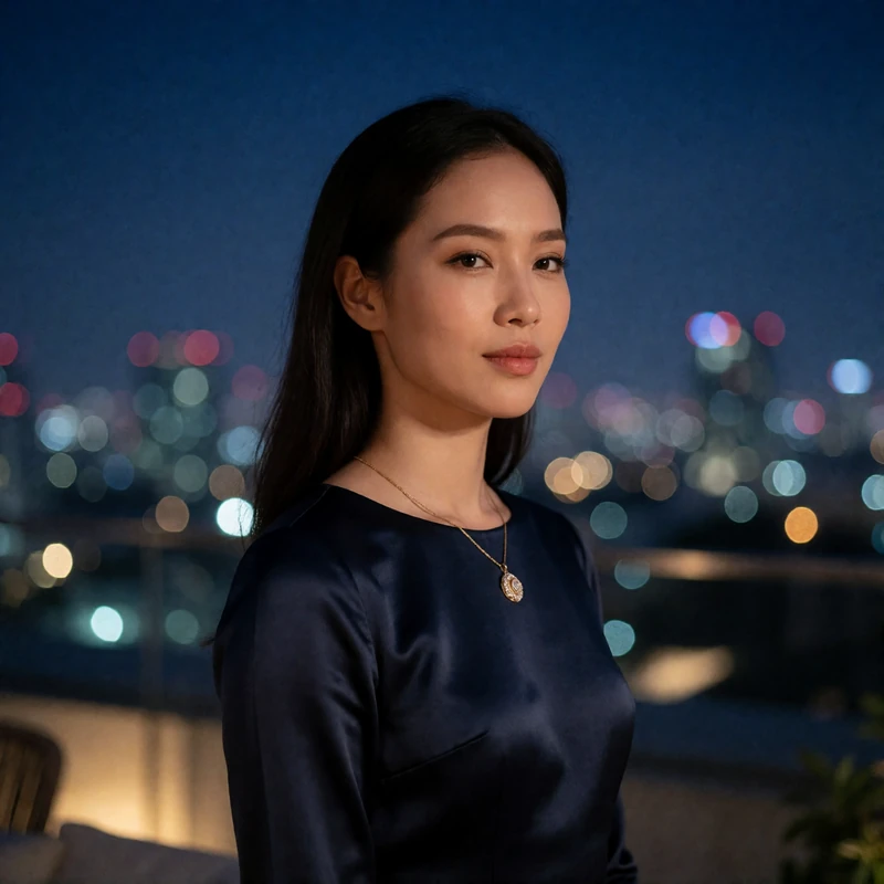 Poised Cambodian woman on a rooftop lounge during blue hour with soft city-light bokeh behind her