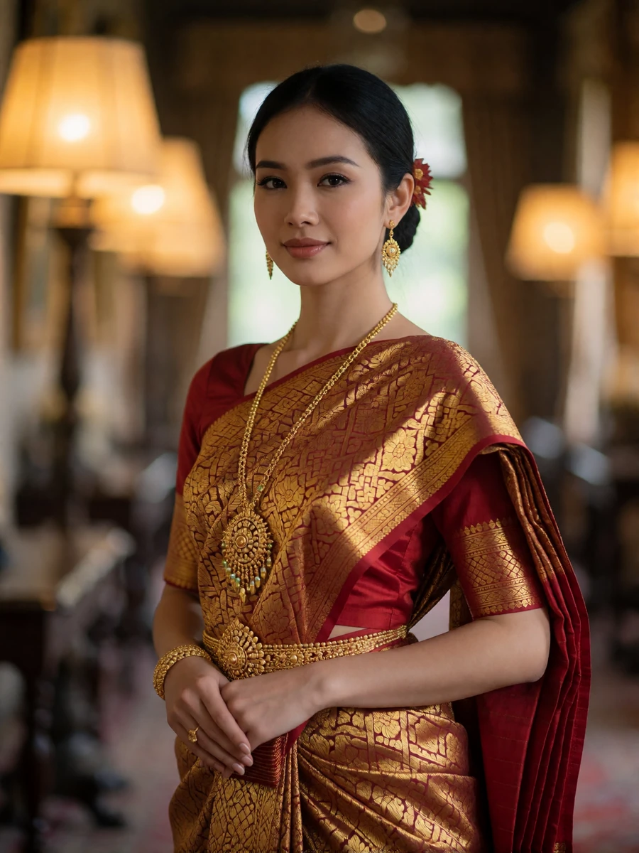 Graceful Khmer woman in ceremonial gold and crimson silk with traditional jewelry standing in a warmly lit hall