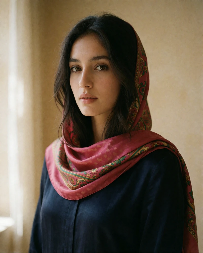 Tajik woman wearing a deep rose silk scarf, looking calmly at the camera against a warm interior wall