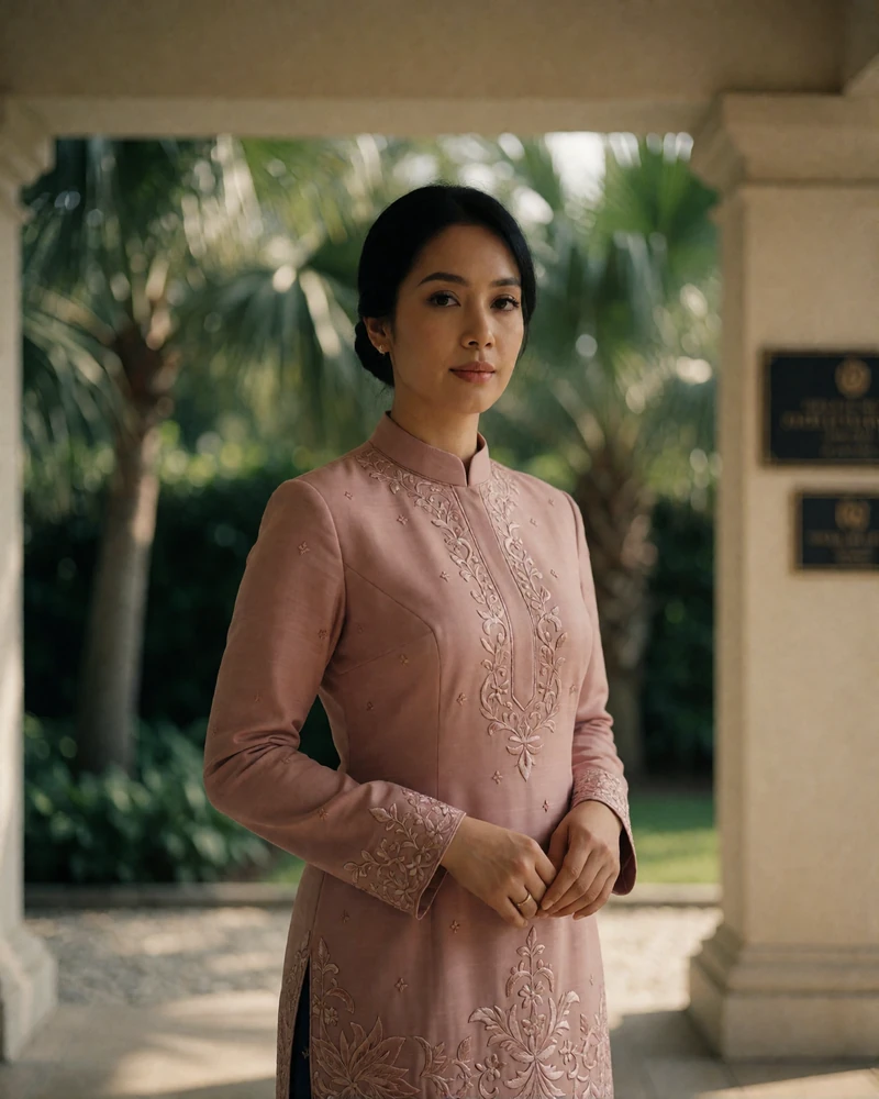 Bruneian Malay woman in her early thirties in a tailored dusty-rose baju kurung standing in a shaded garden pavilion