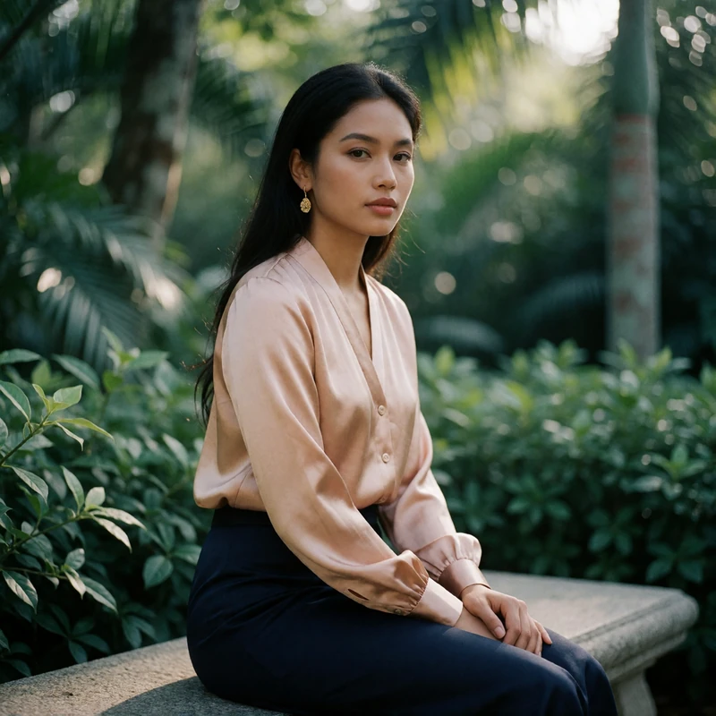 Khmer woman seated thoughtfully on a stone bench in a lush tropical garden