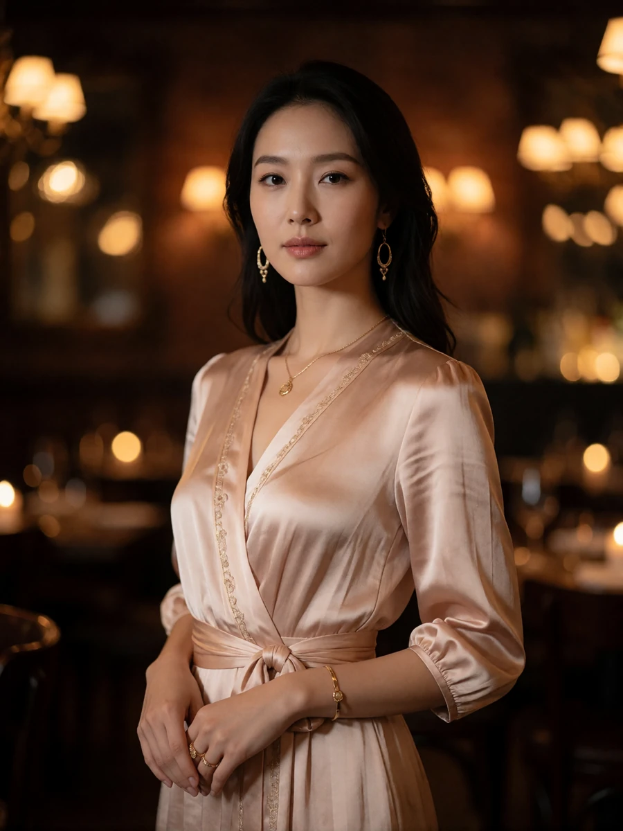 Graceful Korean woman in a blush silk dress standing in a warm dimly lit restaurant interior with soft amber bokeh