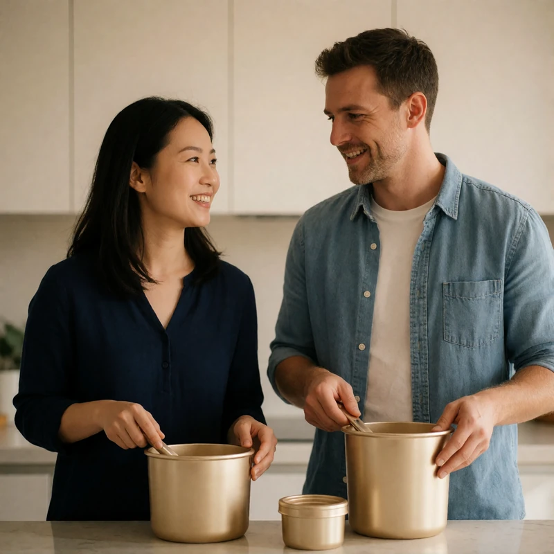 Chinese woman and Western man smiling at each other while preparing food together in a bright modern kitchen