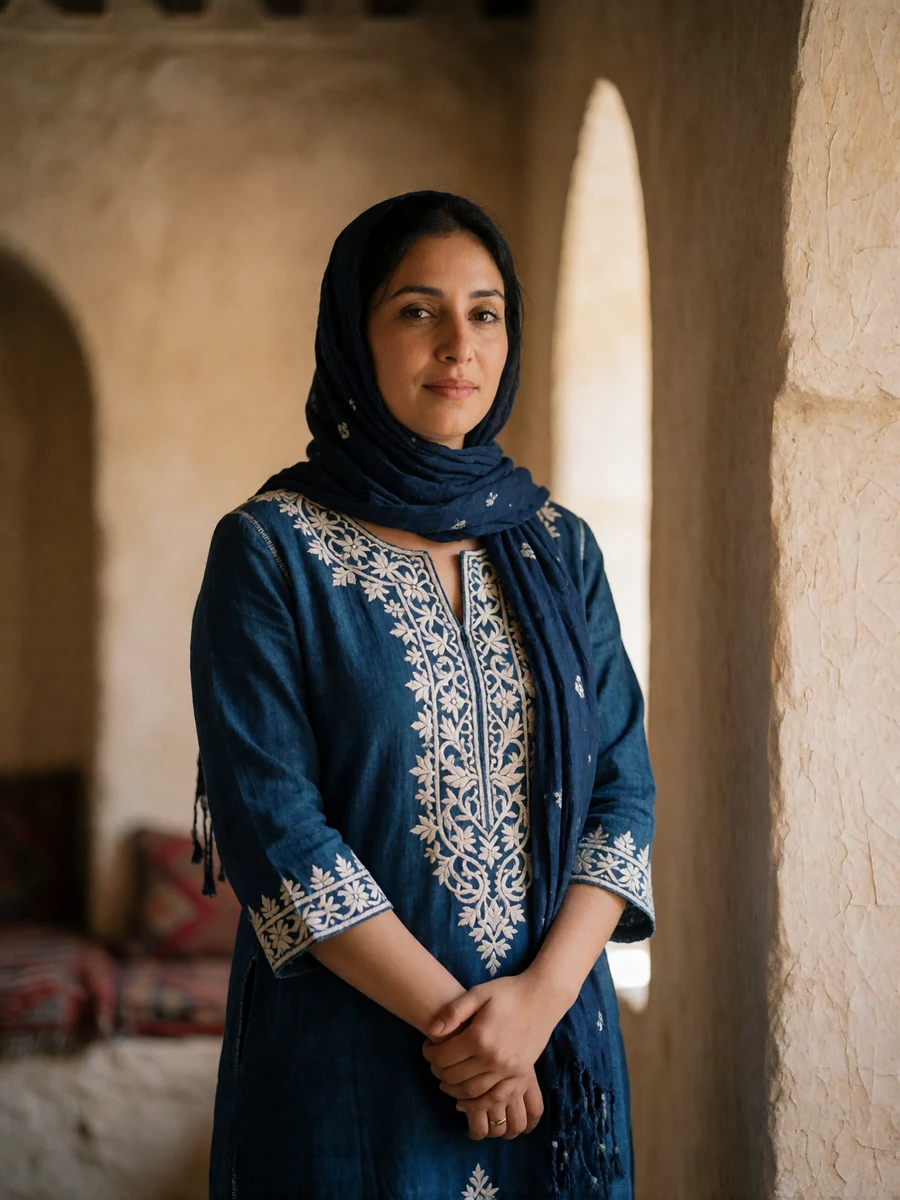Yemeni woman in a richly embroidered indigo dress and matching headscarf standing in a softly lit traditional interior