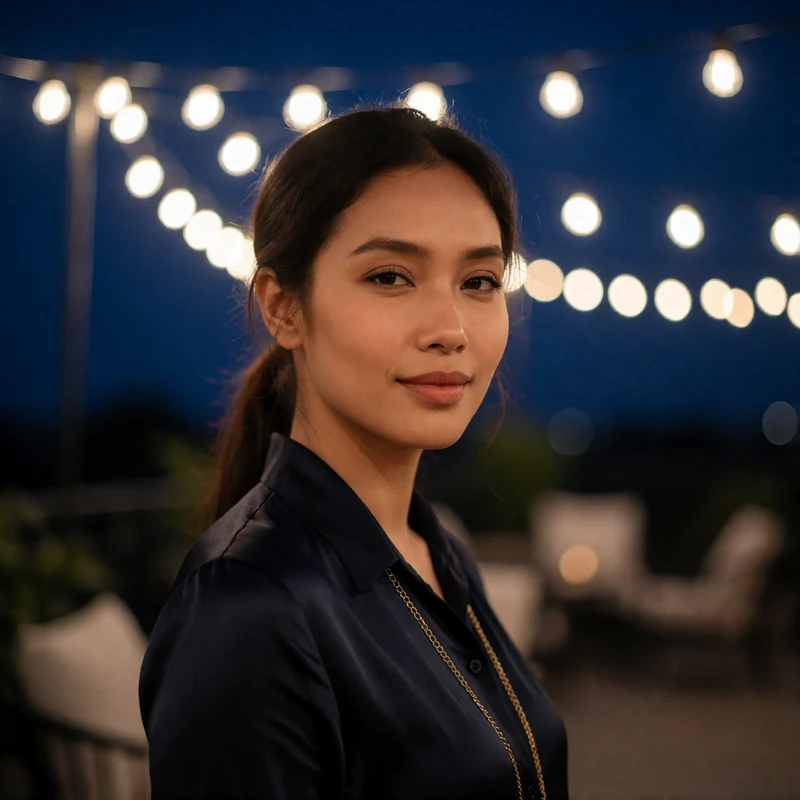 Elegant Burmese woman on a hotel terrace at blue hour with warm string-light bokeh behind her