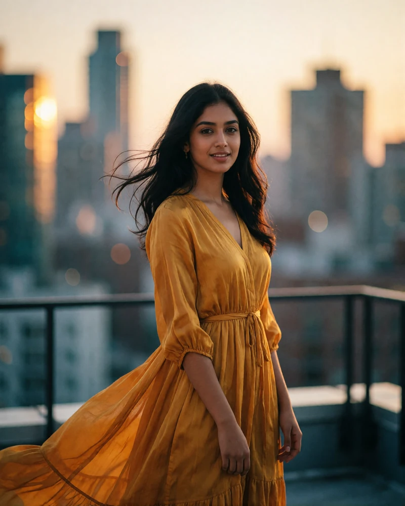 Indian woman in a flowing mustard dress on a rooftop terrace at sunset