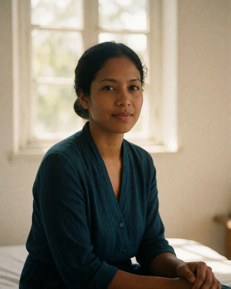 Thoughtful Timorese woman in her early thirties in a deep teal blouse seated in a bright interior in Suai