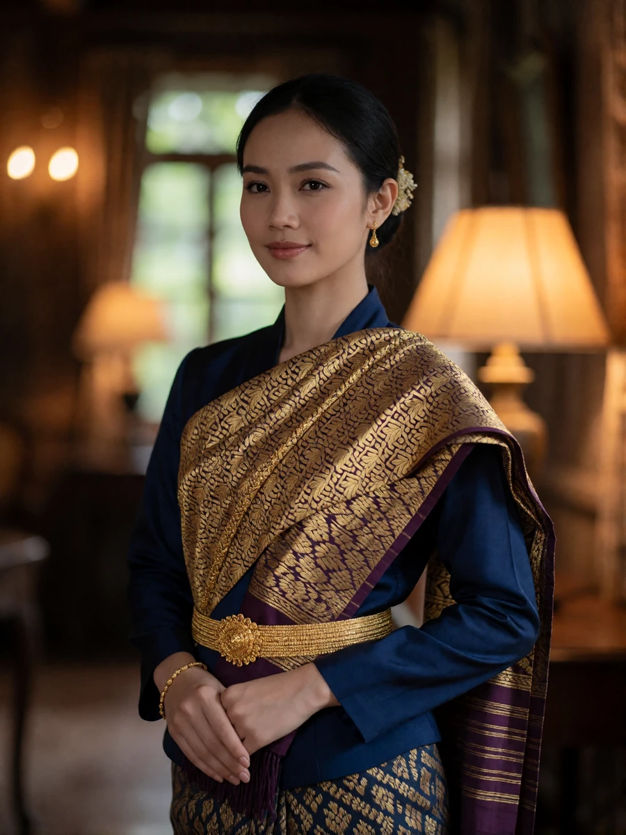 Poised Laotian woman in a formal woven gold and plum sinh standing in a warmly lit wooden interior with hands folded