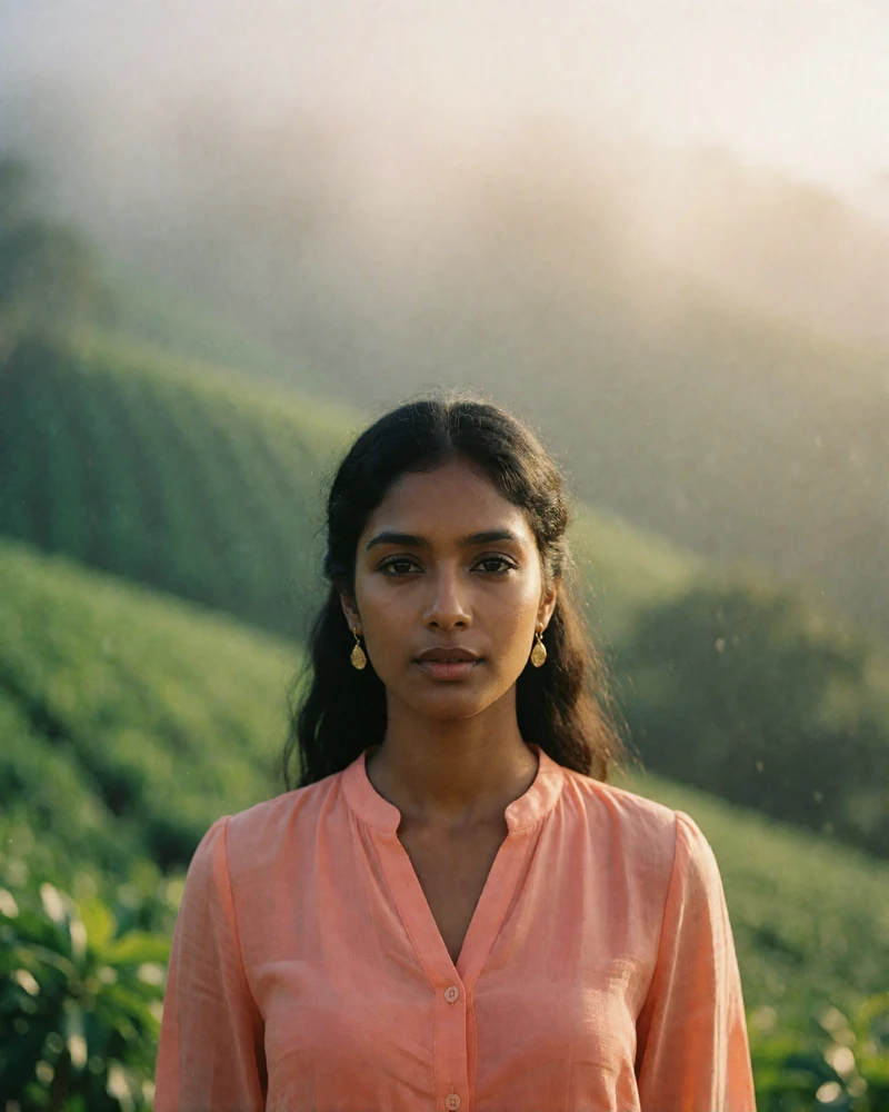Sri Lankan woman standing among rolling green hillside foliage in soft morning mist