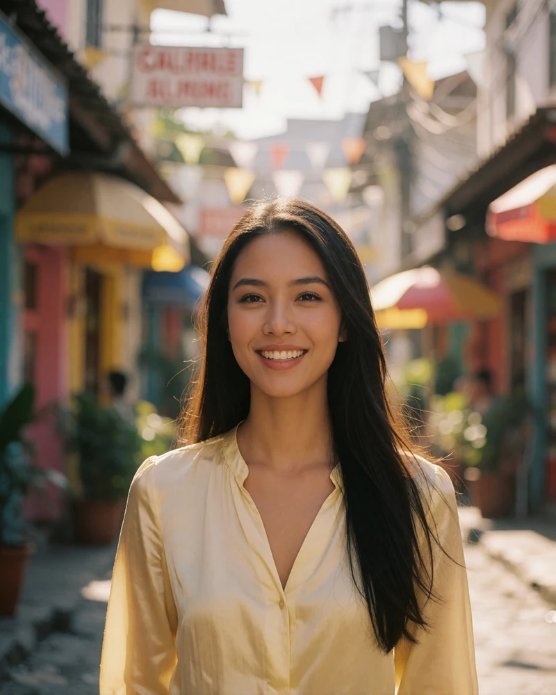 Cheerful Filipina woman in a soft yellow blouse walking through a sunlit open-air street