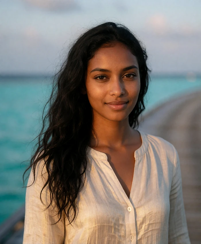 Young Maldivian woman with long dark hair smiling gently on a wooden overwater walkway above a turquoise lagoon
