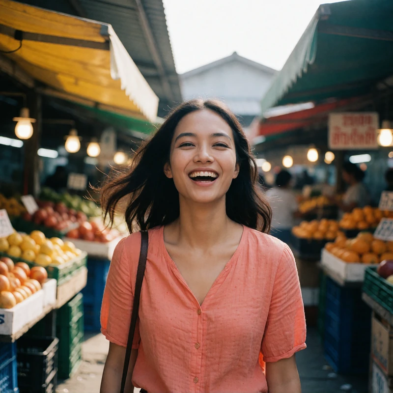 Thai woman laughing while walking through a sunlit open-air market wearing a soft coral blouse