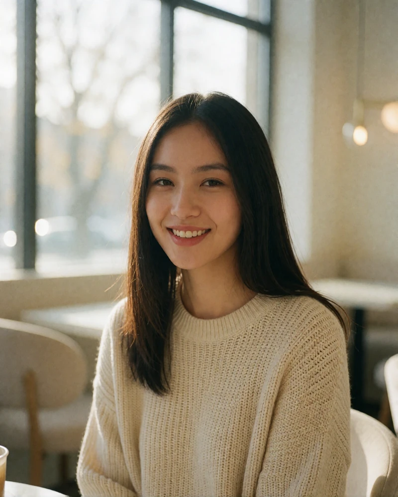 Young Kazakh woman with straight dark hair smiling warmly in a bright modern café