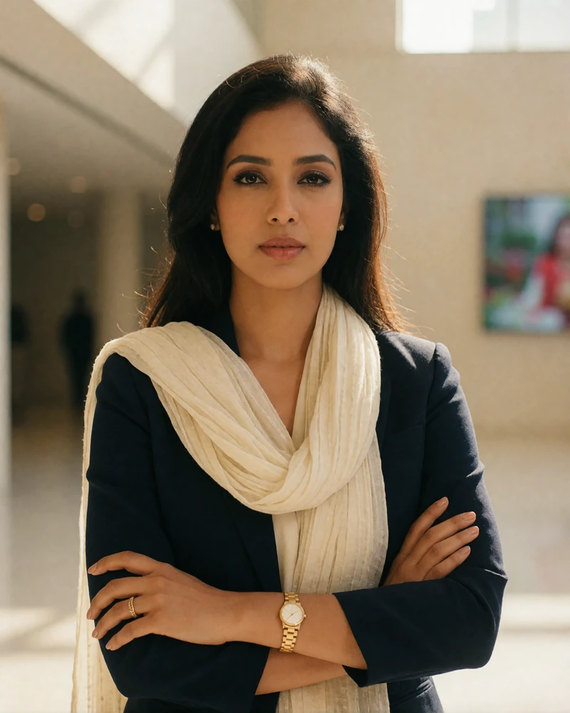 Educated Bangladeshi woman in modern professional attire with a light scarf standing in a bright contemporary interior