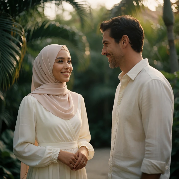 Bruneian woman in a pastel headscarf standing beside a Western man, both smiling warmly in a lush tropical garden