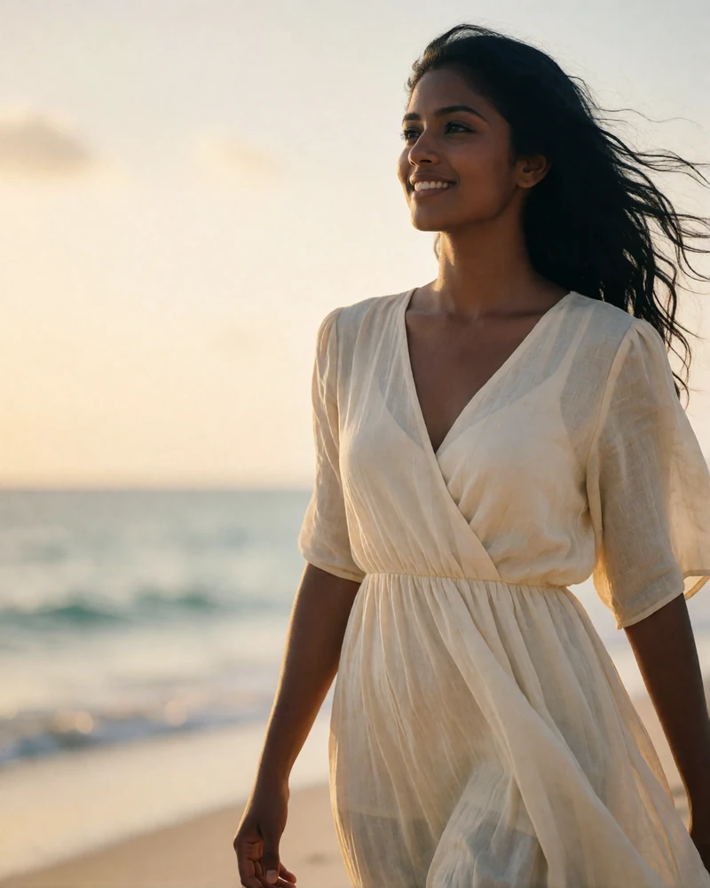 Sri Lankan woman standing on a quiet tropical shoreline at golden hour, hair lifted by the breeze