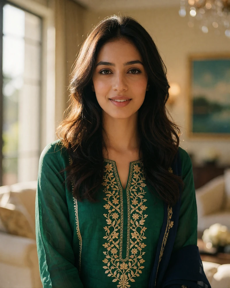 Young Pakistani woman with long dark hair in an emerald embroidered kameez smiling in an upscale lounge