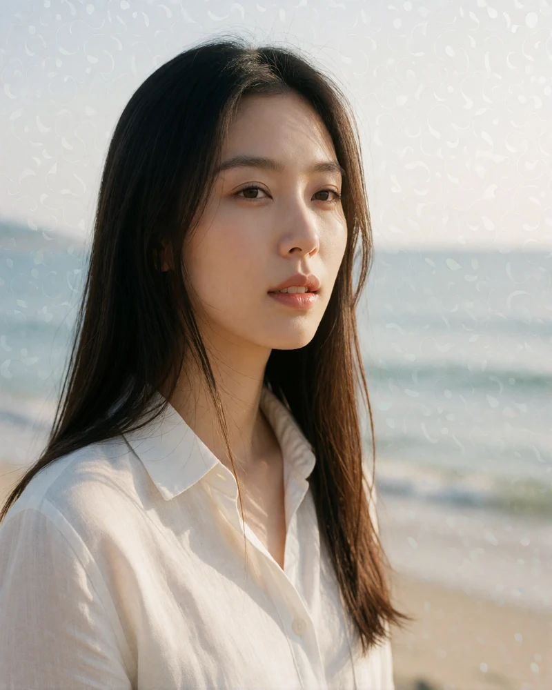 Serene Korean woman in her late twenties with long straight hair, wearing a white linen shirt on a quiet coastline