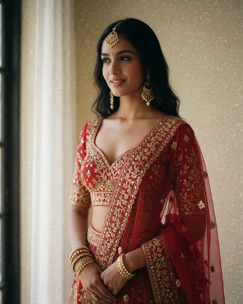 Indian woman in a richly embroidered red and gold lehenga with a serene graceful smile
