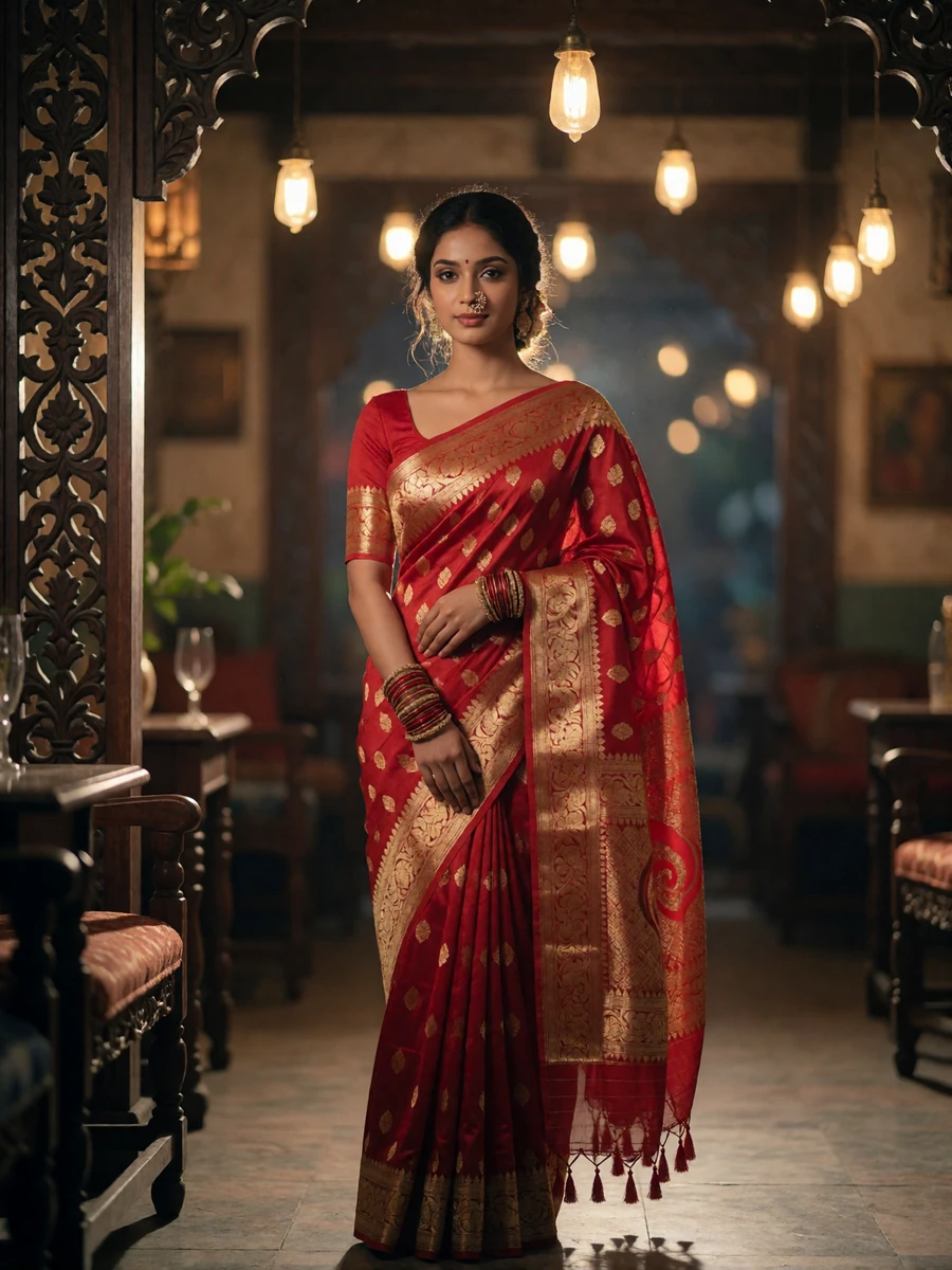Bangladeshi woman in an ornate red and gold saree standing gracefully in a warm traditional interior