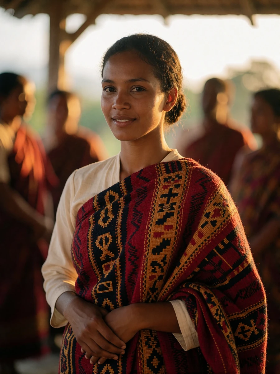 Timorese woman in a handwoven ceremonial tais wrap in deep red, ochre and black, standing in a warmly lit open-air gathering space