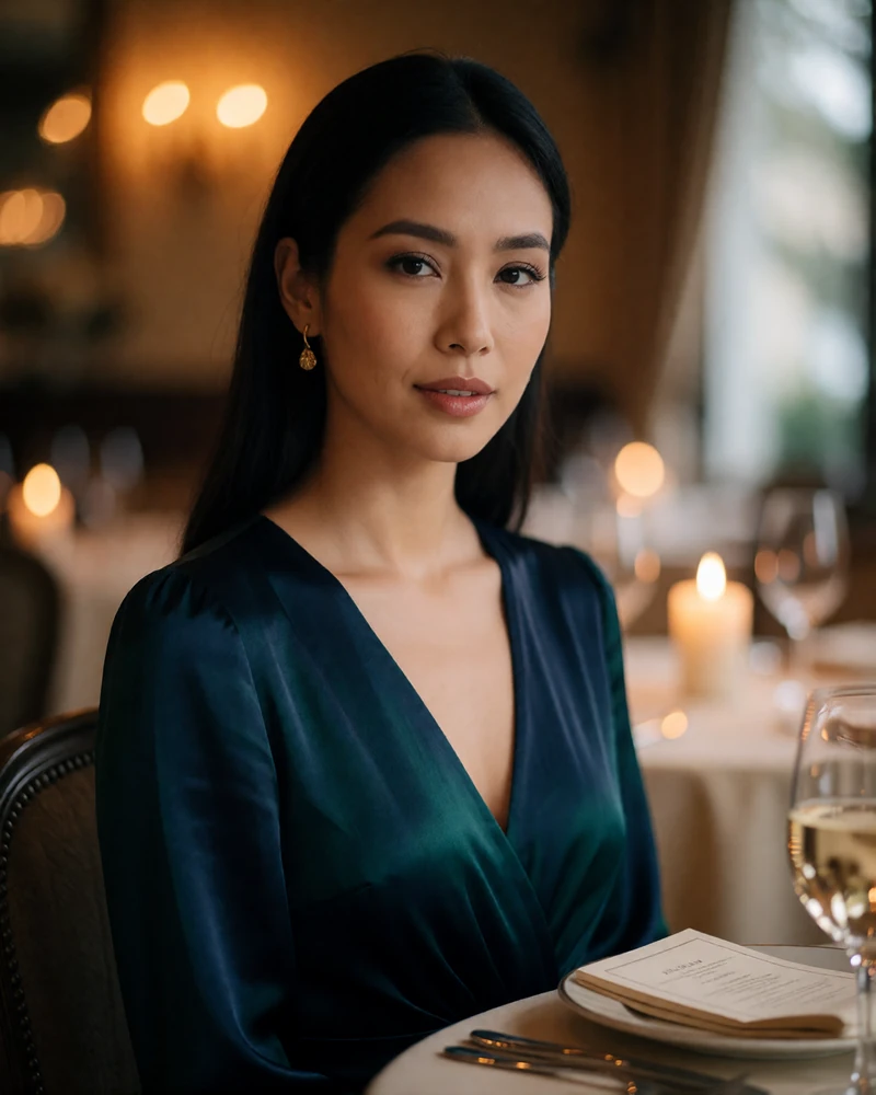 Elegant Filipina woman in a deep emerald dress seated in a refined restaurant with warm amber light behind her