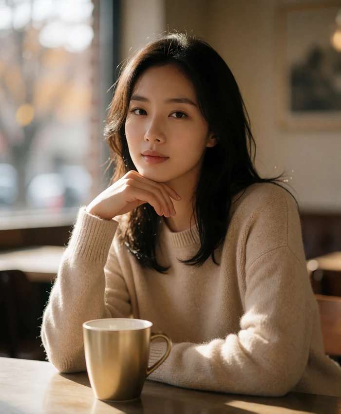 Korean woman seated at a sunlit café table, chin resting on her hand, looking warmly toward the camera