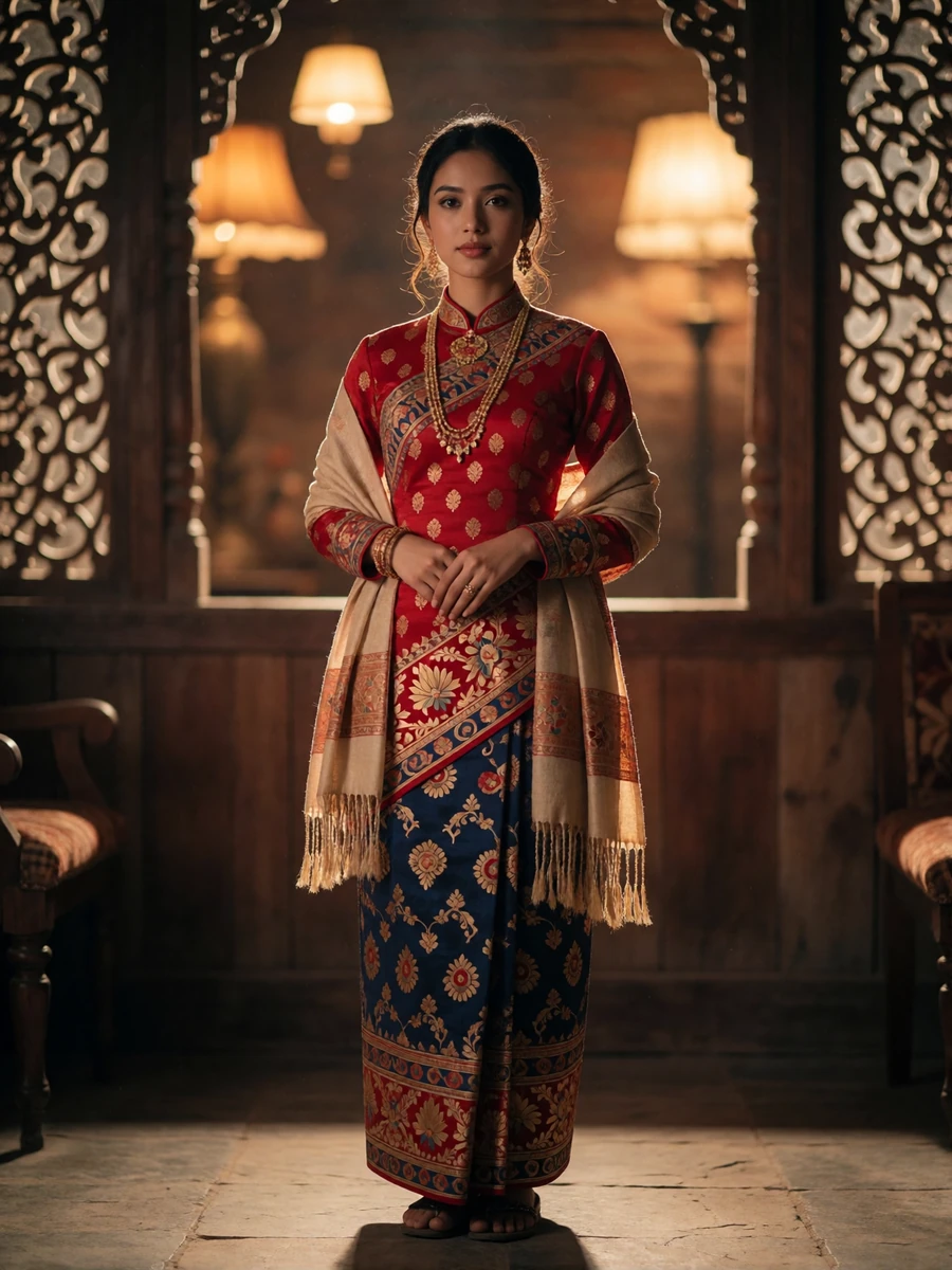 Full-length portrait of a Nepalese woman in an ornate red and gold outfit with a fine shawl, standing in a warm traditional interior with carved wooden windows