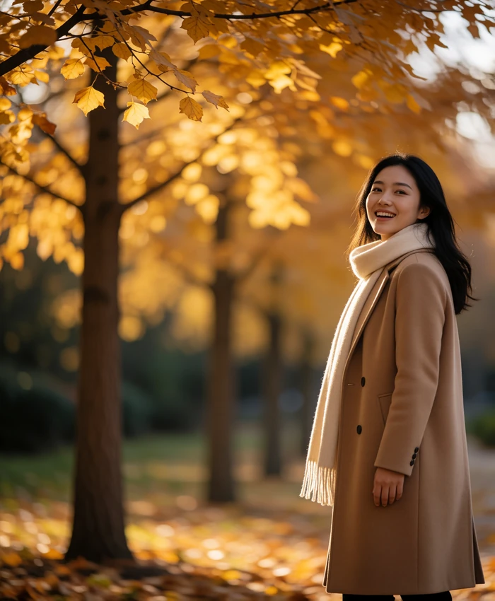 Chinese woman walking through a park lined with golden autumn foliage, glancing back with a natural laugh