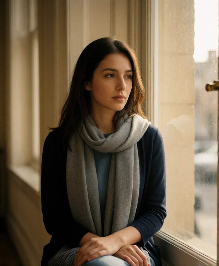 Afghan woman in a grey-blue scarf seated beside a tall window with daylight sculpting her face