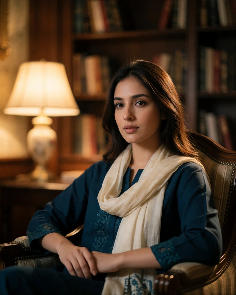 Educated Pakistani woman in a deep teal shalwar kameez seated in a quiet upscale reading room