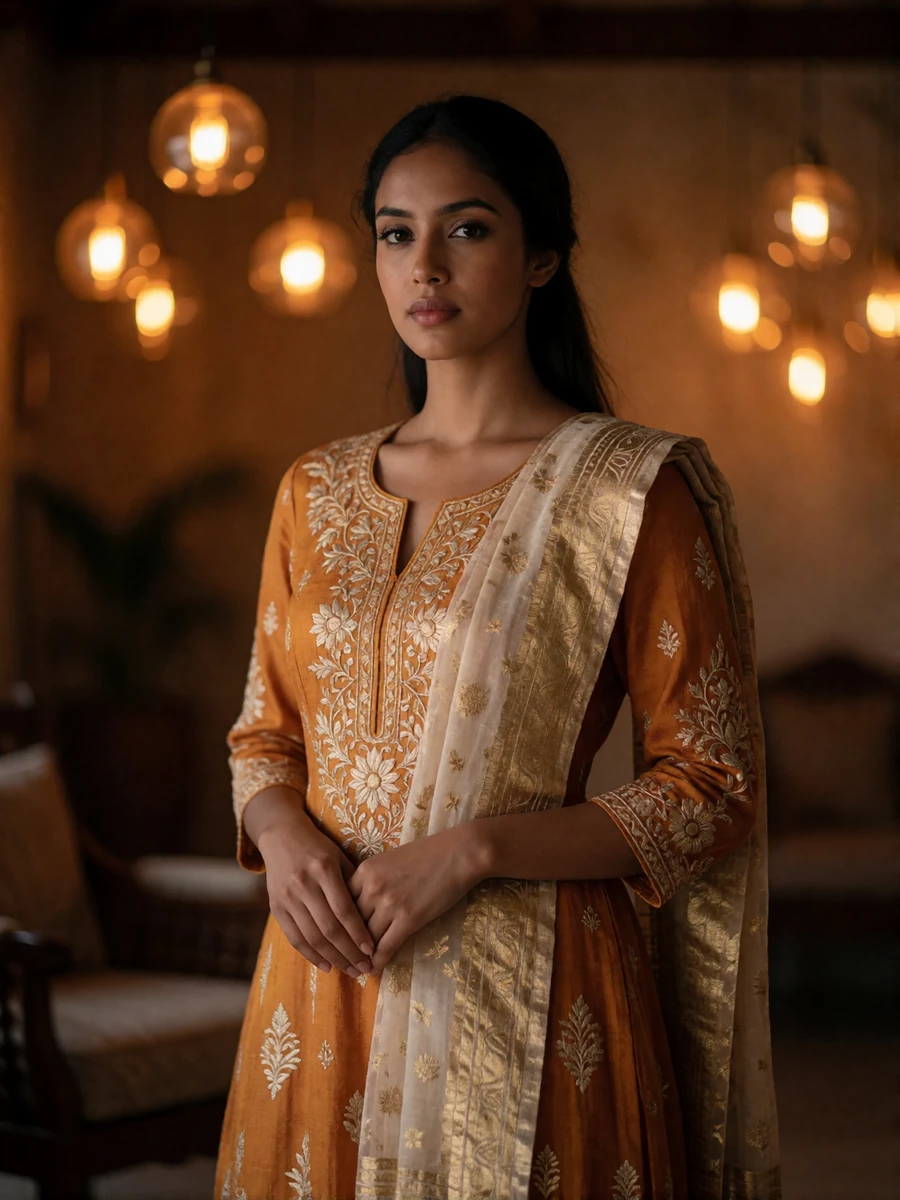 Poised Maldivian woman in an embroidered ochre and gold traditional-style dress standing in a warmly lit interior with amber bokeh lights