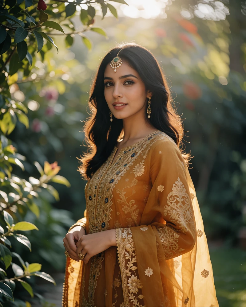 Graceful Pakistani woman in a golden-ochre embroidered outfit and maang tikka standing in a sunlit garden