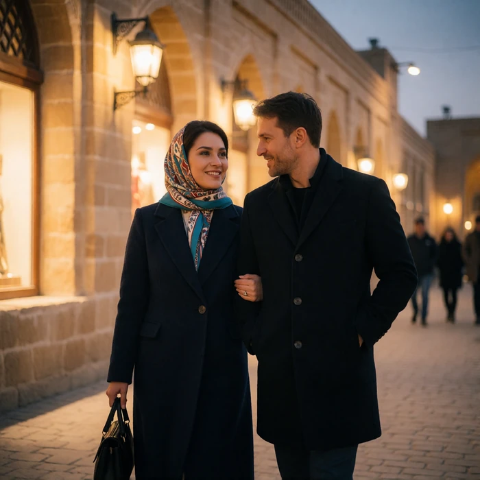 Uzbek woman in an elegant coat walking arm in arm with a Western man along a softly lit historic street at dusk
