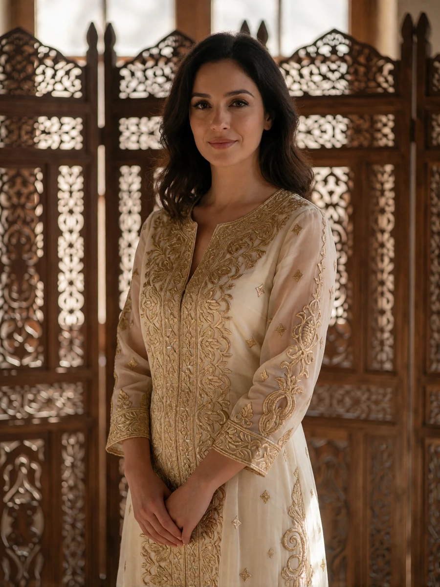 Jordanian woman in an embroidered gold-and-cream dress standing in a warmly lit traditional interior with carved wooden screens