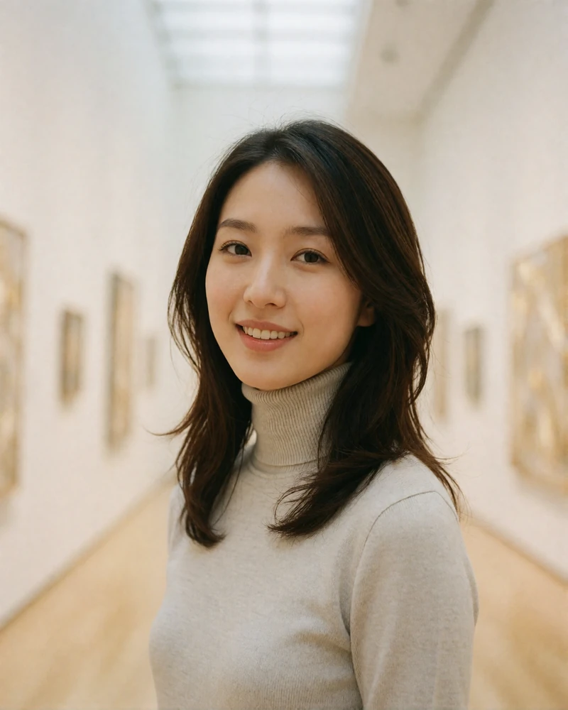 Graceful Japanese woman in a pale grey turtleneck standing in a bright modern gallery corridor in Hiroshima
