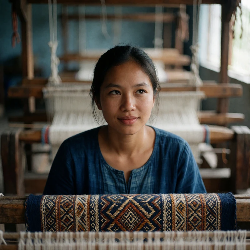 Young Lao woman looking up from a patterned handwoven textile inside a bright weaving studio