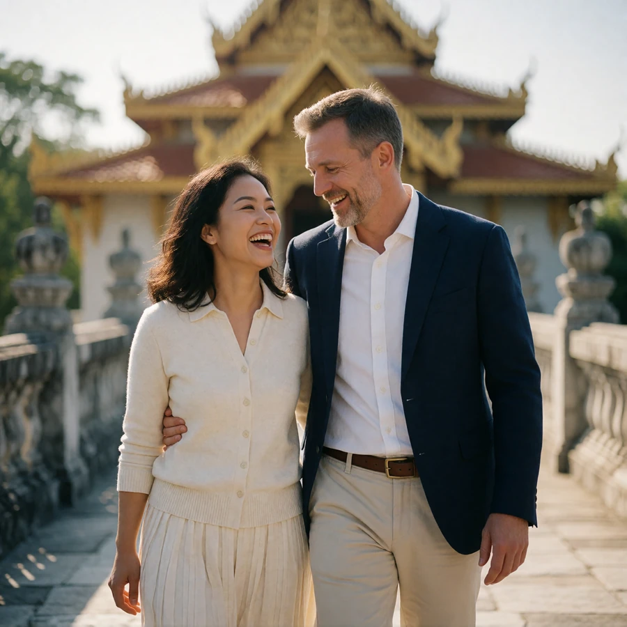 Burmese woman and Western man in their forties walking side by side along a sunlit terrace with golden temple architecture blurred behind them