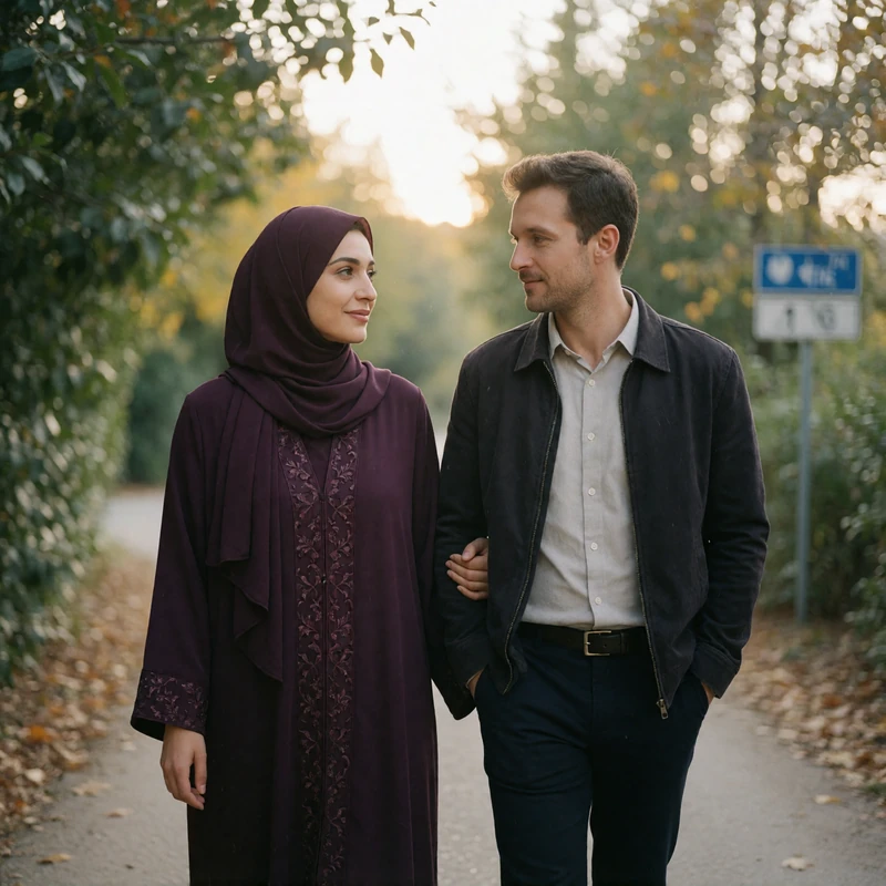 A Yemeni woman in a deep plum abaya and a Western man walk together along a quiet tree-lined path, sharing a smile