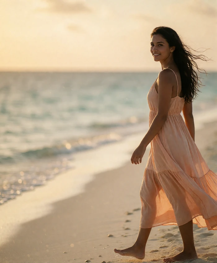Maldivian woman in a flowing light-coral sundress walking along a pale sand shoreline at golden hour