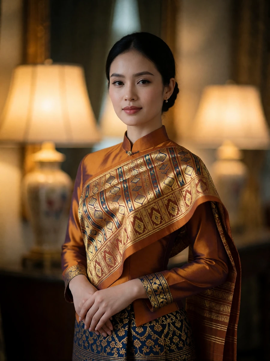 Poised Burmese woman in a formal amber and gold silk ensemble standing in a warmly lit interior with hands folded gently