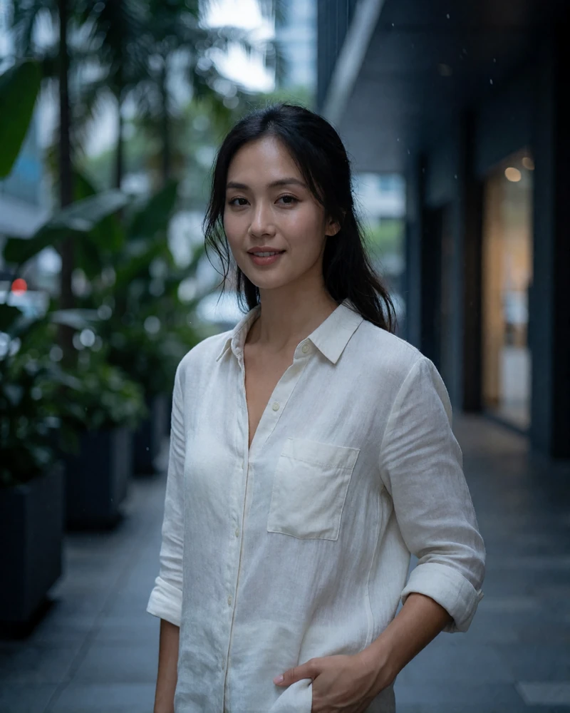 Singaporean woman in her mid-twenties with hair tied loosely, standing on a shaded urban walkway